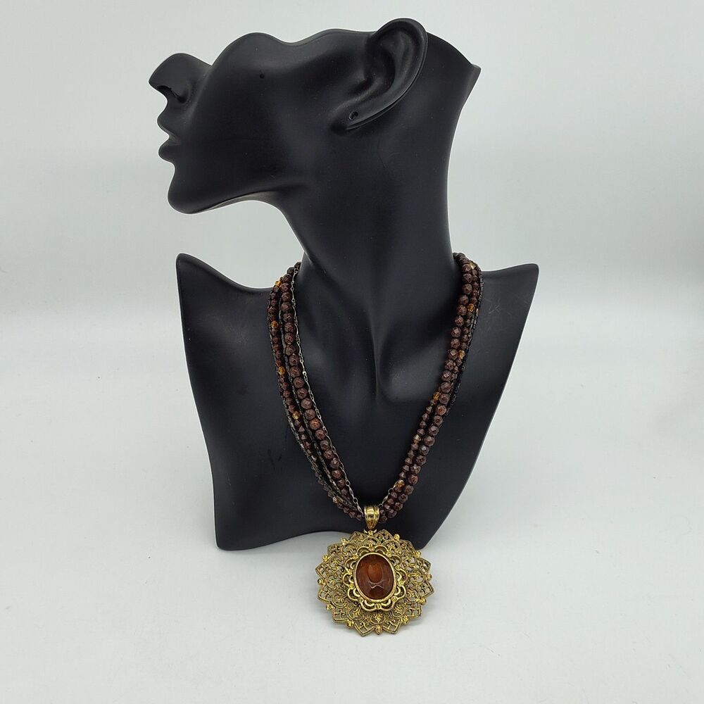 Art Nouveau Faceted Filagree Pendant Glass Crystals Women's 19" Gold Tone Vtg